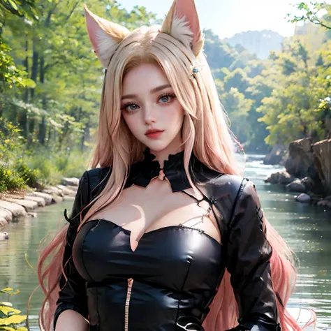 <lora:ali_07:0.8>,((masterpiece, best quality)),mixes realistic and fantastical elements,uhd image,ali,cute,cosplay,looking at viewer,(moderate breasts:1.1),(whisker marks:1.6),nine tails,long ears,(long wavy hair:1.2),(detailed light) , feather, leaves, nature, (sunlight), river, (forest),(bloom),