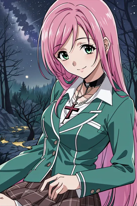 1girl, solo, akashiya moka, silver metallic cross necklace, pink hair, green school uniform, brown plaid skirt, smile, (dynamic angle), ((night sky)), night, (detailed ladscape, forest:1.2), <lora:CREATED_ANIME_RosarioVampire_moka_v01:0.8>