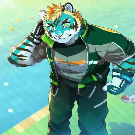(Masterpiece, ultra high quality, beautiful light and shadows),(detailed video game background,  blue and green background:1.2),Rexer,orange and blonde hair,one headphone,(facing away ),(looking at viewer),(detailed eyes,delicate eyes,detailed pupiles, delicate pupiles),( glowing eyes:0.8),upper body:1.2,<lora:rexer-10:1>,light smile,light blush, jacket, shirt, two-tone gloves, pants, shoes