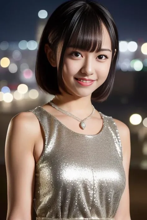 1girl,(wearing a sleeveless glittery dress:1.4),(RAW photo, best quality), (realistic, photo-realistic:1.4), masterpiece, an extremely delicate and beautiful, extremely detailed, 2k wallpaper, Amazing, finely detail, extremely detailed CG unity 8k wallpaper, ultra-detailed, highres, soft light, beautiful detailed girl, extremely detailed eyes and face, beautiful detailed nose, beautiful detailed eyes,cinematic lighting,city lights at night,perfect anatomy,slender body,smiling,short hair, wide smile, teeth showing,eyes squinted,petite and slender<lora:suzumisuu_lora:0.8>
