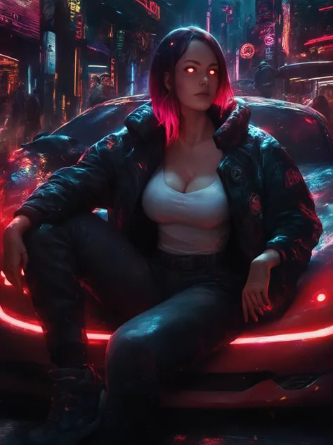 score_8_up, score_7_up, beautiful girl sitting on top of futuristic car, techwear jacket with glowing parts, cybernetiic parts, big breasts, shirt, buckles, pants, multiple belts, colored hair, glowing eyes, cyberpunk, city street, neon light, night, particles, dynamc pose <lora:sxz-mendoza-smol-v2-pdxl:0.8> mendoza style, realistic