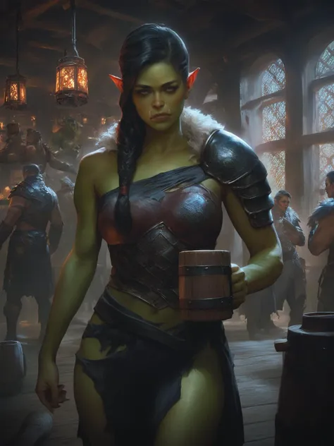 score_8_up, score_7_up, beautiful big strong orc woman standing holding wooden mug, green skin, black hair, single braid, spiked single shoulder pad, damaged red leather armor with rivets, multiple belts, fur trim, tavern indoors, fantasy, <lora:sxz-mendoza-smol-v2-pdxl:0.8> mendoza style, realistic