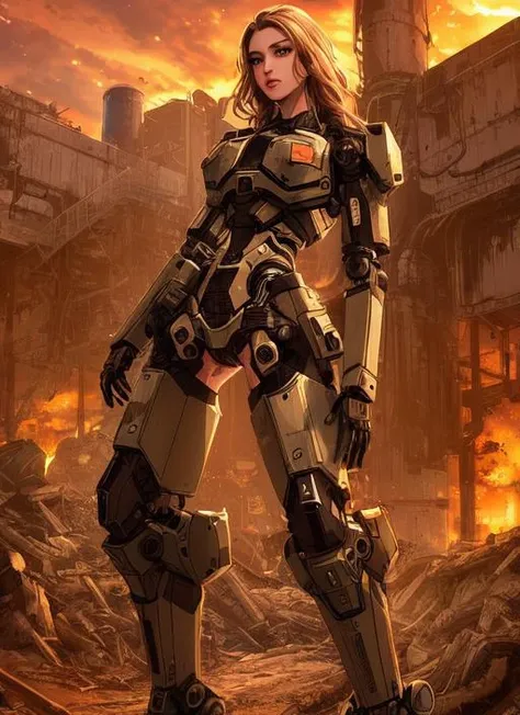 (modelshoot style), (detailed face), ((woman waifu in a cramped rusty hydraulic mech exoskeleton)), sunset, grunge, oily, sweaty, dirty, ripped, post-apocalyptic