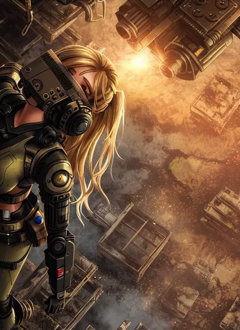 (from_above:1.2), (modelshoot style), (detailed face), ((blonde waifu in a rusty hydraulic mech exoskeleton)), sunset, grunge, oily, sweaty, dirty, ripped, post-apocalyptic