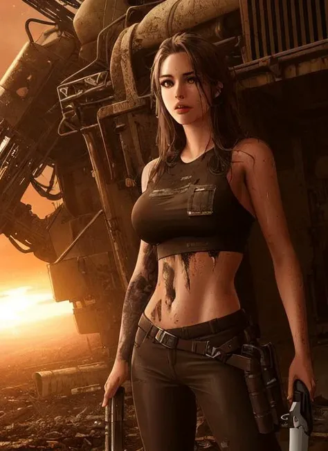 (modelshoot style), ((detailed face)), sexy woman (waifu in a cramped rusty hydraulic mechanical exoskeleton), arm blade, sunset, grunge, oily, sweaty, dirty, ripped, post-apocalyptic, long hair