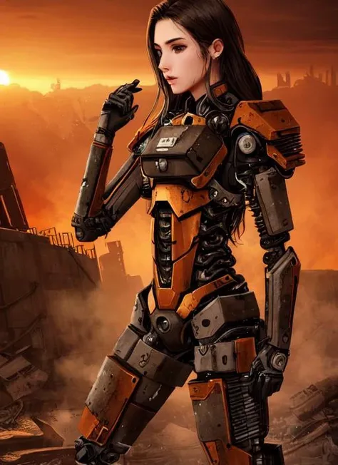(modelshoot style), (detailed face), ((woman waifu in a cramped rusty hydraulic mech exoskeleton)), sunset, grunge, oily, sweaty, dirty, ripped, post-apocalyptic