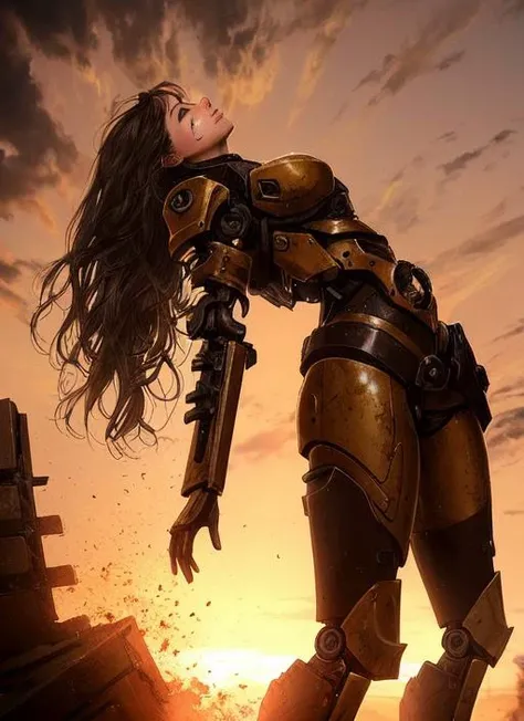(modelshoot style), ((detailed face)), ((woman waifu in a cramped rusty hydraulic mechanical exoskeleton)), sunset, grunge, oily, sweaty, dirty, ripped, post-apocalyptic