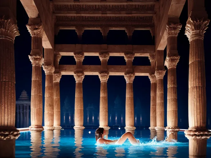 at night, dark, nighttime, interior, intricately detailed, ancient temple, (ruin), a gorgeous woman swims in a large pool of iridescent water, dusty, deserted, ancient, crumbling pillars, poorly lit, dynamic lighting, dark