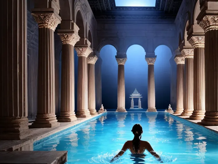 at night, dark, nighttime, interior, intricately detailed, ancient temple, (ruin), a gorgeous woman swims in a large pool of iridescent water, dusty, deserted, ancient, crumbling pillars, poorly lit, dynamic lighting, dark