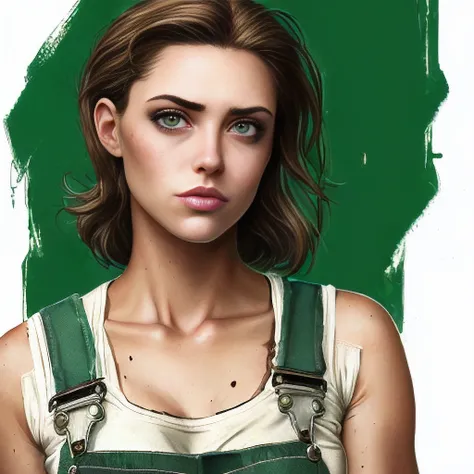 portrait of a woman holding a wrench, mechanic, overalls, greasy, green eyes, amber hair, delicate, ultra detailed, attractive, young, illustration, smooth, sharp, painted, by j scott cambell and jim lee