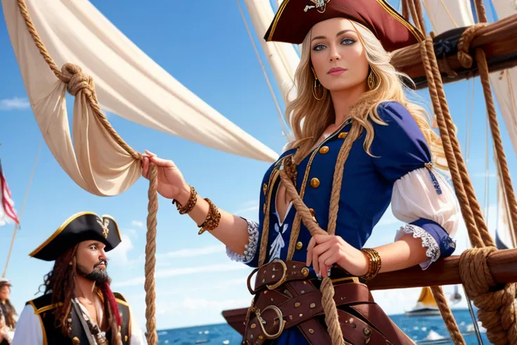 Intricately detailed, the most beautiful female pirate captain grabs a rope aboard a pirate ship, smirk, perfect eyes, handsome male first mate stands behind her, crew in background, breeze, blown hair, ropes, rigging, (highly detailed:1.2), (hard focus), 135mm, f2.0,HD,HDR, 8k resolution, ultra detailed, rule of thirds