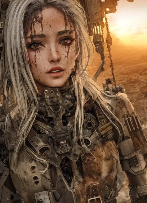 (modelshoot style), (((detailed face))), sexy woman (inside cramped rusty cockpit of a hydraulic mechanical exoskeleton), sunset, grunge, oily, sweaty, dirty, ripped, post-apocalyptic