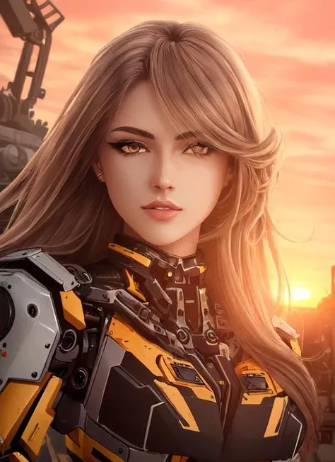 (modelshoot style), (((detailed face))), sexy woman (inside cramped rusty cockpit of a hydraulic mechanical robot), sunset, post-apocalyptic, long hair, lots of skin, 8k, high resolution