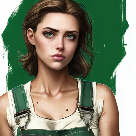 portrait of a woman holding a wrench, mechanic, overalls, greasy, green eyes, amber hair, delicate, ultra detailed, attractive, young, illustration, smooth, sharp, painted, by j scott cambell and jim lee