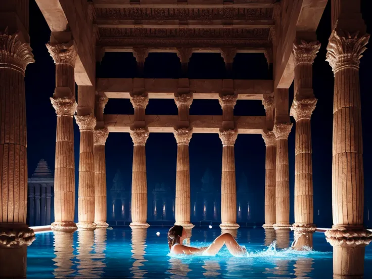 at night, dark, nighttime, interior, intricately detailed, ancient temple, (ruin), a gorgeous woman swims in a large pool of iridescent water, dusty, deserted, ancient, crumbling pillars, poorly lit, dynamic lighting, dark