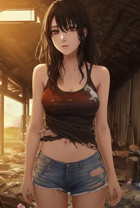 detailed photo of ((anime woman inside a cluttered barn wearing sexy worn-out torn cotton tanktop)), ((detailed realistic face and eyes)), cinematic lighting, 8k resolution, (modelshoot style), sunset, (from_below:1.4)