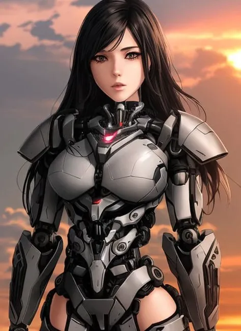 realistic photo of ((anime woman in a hulking hydraulic biomechanical exoskeleton armored robot)), (detailed face), sunset, sweaty, grime, post-apocalyptic, long hair, cyberpunk, (modelshoot style), nsfw