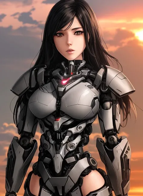 realistic photo of ((anime woman in a hulking hydraulic biomechanical exoskeleton armored robot)), (detailed face), sunset, sweaty, grime, post-apocalyptic, long hair, cyberpunk, (modelshoot style), nsfw