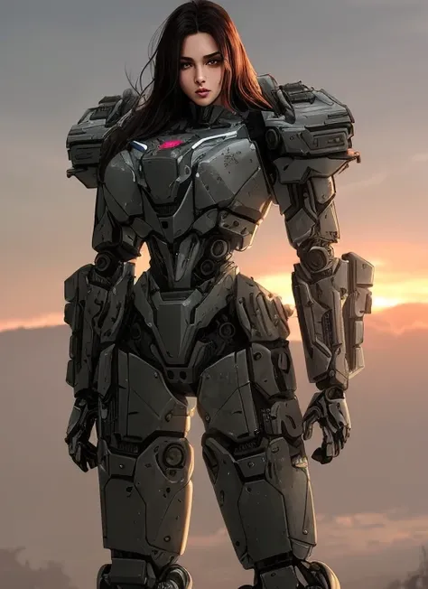 realistic photo of ((woman in a hulking hydraulic biomechanical exoskeleton armored robot)), (detailed face), sunset, sweaty, grime, post-apocalyptic, long hair, cyberpunk, (modelshoot style), nsfw