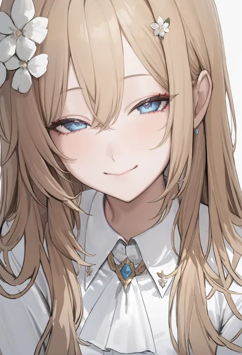 masterpiece, best quality, <lora:frengXL_V1:1>solo, flower, long hair, white background, looking at viewer, upper body, smile, white flower, blue eyes, bangs, closed mouth, simple background, shirt, 1girl, hair flower, ascot, hair ornament, collared shirt, white shirt, eyeshadow, makeup, jewelry