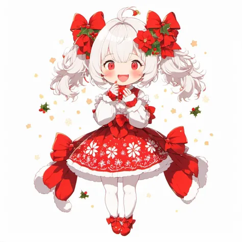 1girl, solo, dress, short hair, full body, white hair, bangs, red nails, white dress, pantyhose, smile, bow, blunt bangs, open mouth, red footwear, puffy sleeves, white pantyhose, white background, standing, standing on one leg, red bow, christmas, skirt hold, nail polish, flower, looking at viewer, hair ornament, bob cut, closed eyes, merry christmas <lora:chibi_anime-000005:1>