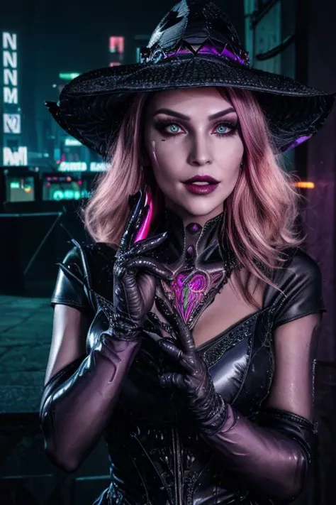 professional photo of (vampire sorceress clad in intricate dark sorceress dress with latex gloves and pointy hat:1.3), (perfect face, beautiful face, symmetric face:1.3), (neon purple cyberpunk city, neon pink cyberpunk city background, intricate detailed background:1.3), (lipstick, eyeshadow, mascara, intricate makeup:1.2), (holding Necronomicon:1.3), (shiny glossy translucent clothing, gleaming oily latex fabric:1.1),
(ultra wide angle shot, cinematic style, RAW photo, photo-realistic, absurdres, incredibly absurdres, huge filesize, High quality texture, Cinematic Lighting, physically-based rendering, Ray tracing, photorealistic, octane render, sharp focus, (8k), (4k), (Masterpiece), (Best Quality), (realistic skin texture), extremely detailed, intricate, hyper detailed, high resolution, sharp detail)