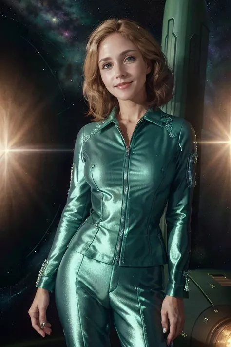 photorealistic photo of eringr, a mature woman wearing a green outfit, fine lines and wrinkles, standing, smiling, looking at the camera, space background, realistic, (masterpiece:1.1), (best quality:1.1), beautiful, (intricate details), unity 8k wallpaper, ultra detailed, aesthetic, perfect lighting, <lora:eringr_V2-000007:0.9>