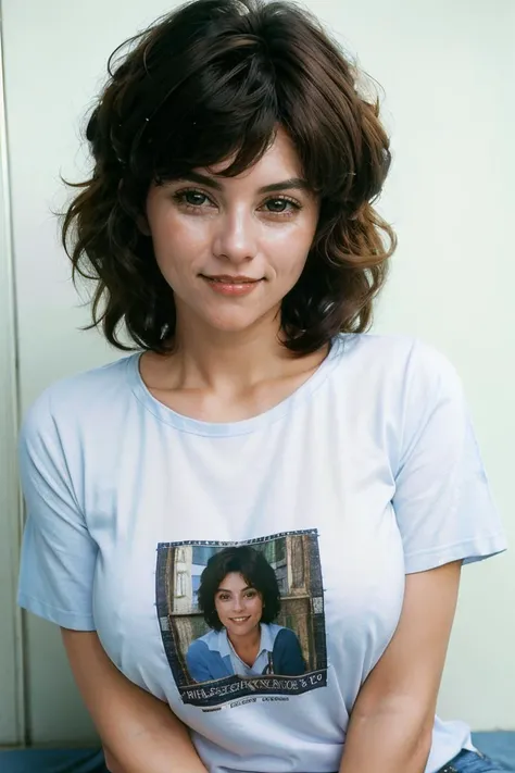 photorealistic photo of adribarb, a middle aged woman, wearing a Tshirt, (busty:0.25), smiling, looking at the camera, simple background, realistic, (masterpiece:1.1), (best quality:1.1), beautiful, (intricate details), unity 8k wallpaper, ultra detailed, aesthetic, perfect lighting, <lora:adribarb_V2-000008:0.8>