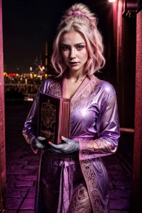 professional photo of (fantasy witch clad in intricate glossy pink magic robe with latex gloves:1.2) inside a (neon purple cyberpunk city:1.2), (perfect face, beautiful face, symmetric face:1.3), (holding intricate magic book), (intricate detailed background:1.3),
(ultra wide angle shot, cinematic style, RAW photo, photo-realistic, absurdres, incredibly absurdres, huge filesize, High quality texture, Cinematic Lighting, physically-based rendering, Ray tracing, photorealistic, octane render, sharp focus, (8k), (4k), (Masterpiece), (Best Quality), (realistic skin texture), extremely detailed, intricate, hyper detailed, high resolution, sharp detail)