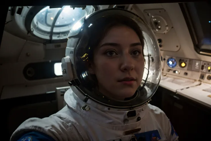 1girl, astronaut wearing spacesuit, low gravity, full body view, I love NASA,
(open helmet:1.1), smirking expression, lying in air,
zero-g, bright illuminated interior,
inside space station, round window background, earth from space,
instruments, screens, buttons, levers, cable, interstallar, , dramatic movement,
stars background, night sky, moon light, action shot, film grain, hollywood action,
hdr, 8k, vibrant, high resolution, skin pores,
pretty face, detailed eyes
<lora:spacesuit3:0.6>
<lora:fisheye2:0.4>