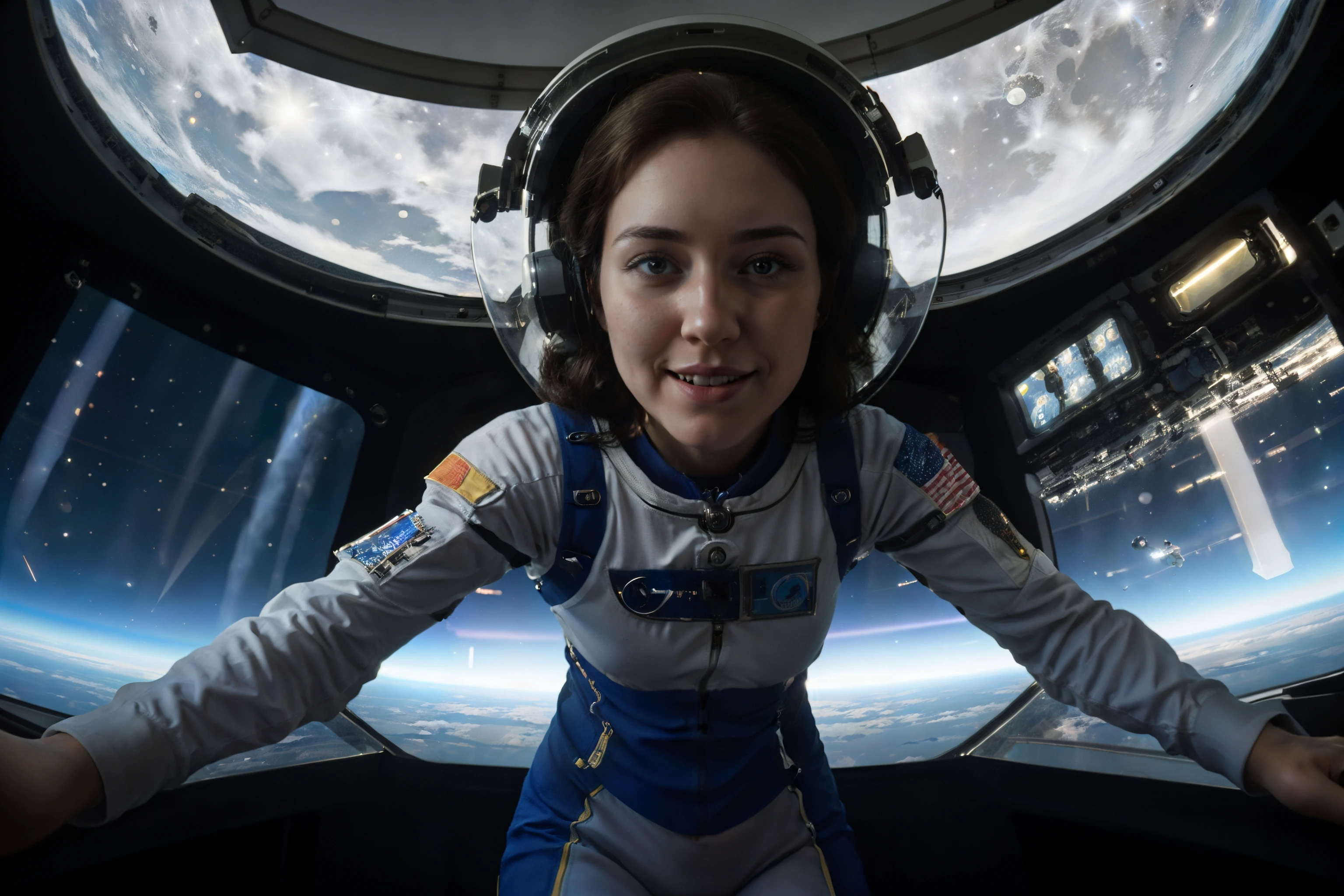 1girl, astronaut wearing spacesuit, low gravity, full body view, I love NASA,
(open helmet:1.1), smirking expression, lying in air,
zero-g, bright illuminated interior,
inside space station, (large window background:1.1), earth from space,
instruments, screens, buttons, levers, cable, interstallar, movie, dramatic movement,
stars background, night sky, moon light, action shot, film grain, hollywood action,
hdr, 8k, vibrant, high resolution, skin pores,
pretty face, detailed eyes
<lora:fisheye2:0.4>
