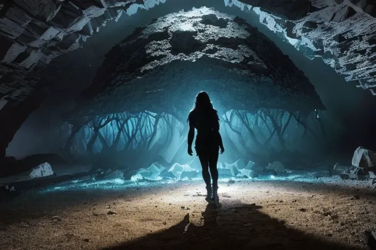 monster made of light, crystal cave, dark lighting, harsh shadows, giant, realism, 4k, (((masterpiece))), high contrast in light, dark background, fantasy, vibrant colors, dramatic shadows, hyper realism,