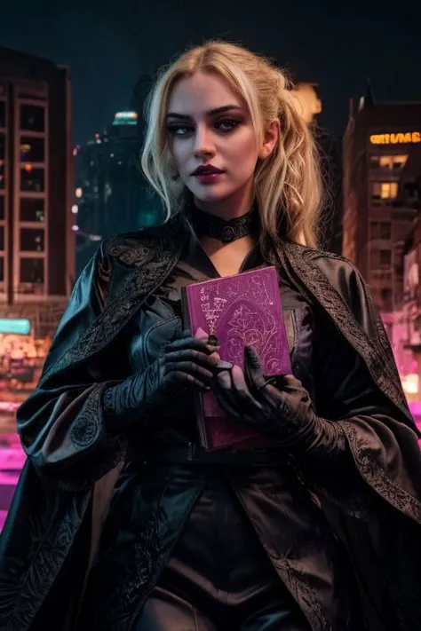 SailorMoonGoth, professional photo of (fantasy witch clad in intricate black witch robe with latex gloves, blonde hair:1.3), (perfect face, beautiful face, symmetric face:1.3), (neon purple cyberpunk city, neon pink cyberpunk city background, intricate detailed background:1.3), (lipstick, eyeshadow, mascara, intricate makeup:1.2), (holding intricate evil book:1.3), (shiny glossy translucent clothing, gleaming oily satin fabric:1.1),
(ultra wide angle shot, cinematic style, RAW photo, photo-realistic, absurdres, incredibly absurdres, huge filesize, High quality texture, Cinematic Lighting, physically-based rendering, Ray tracing, photorealistic, octane render, sharp focus, (8k), (4k), (Masterpiece), (Best Quality), (realistic skin texture), extremely detailed, intricate, hyper detailed, high resolution, sharp detail)