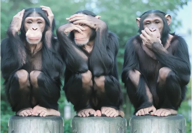photo of 3 Chimpanzees, sitting on a tree trunk, first Hands on ears, second hands bevor eyes, third hands bevor mouth, forrst in the Background, photorealism, hyper quality, 8k,