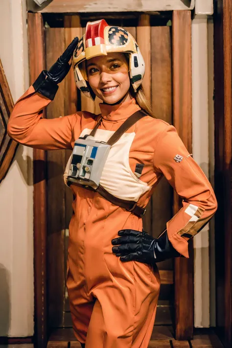 woman in rebel pilot suit,wearing helmet,saluting,in military quarters, masterpiece,intricate details,smiling,blond long hair<lora:RPSV3:0.8>