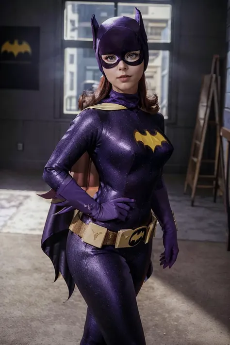 (full body:0.7), photorealistic photo of Batgirl, looking at the camera, realistic, (masterpiece:1.1), (best quality:1.1), beautiful, (intricate details), unity 8k wallpaper, ultra detailed, aesthetic, perfect lighting, <lora:60sBatgirl_V2-000008:0.8>