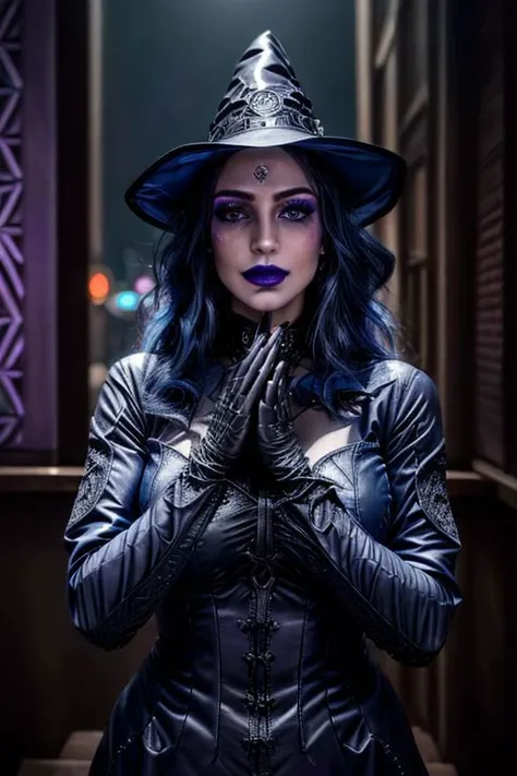 professional photo of (fantasy witch clad in intricate glossy dark blue witch suit with latex gloves:1.2) inside a (neon purple cyberpunk city:1.2), (perfect face, beautiful face, symmetric face:1.3), (holding intricate magic book), (intricate detailed background:1.3), (lipstick, eyeshadow, mascara, witch makeup:1.3)
(ultra wide angle shot, cinematic style, RAW photo, photo-realistic, absurdres, incredibly absurdres, huge filesize, High quality texture, Cinematic Lighting, physically-based rendering, Ray tracing, photorealistic, octane render, sharp focus, (8k), (4k), (Masterpiece), (Best Quality), (realistic skin texture), extremely detailed, intricate, hyper detailed, high resolution, sharp detail)