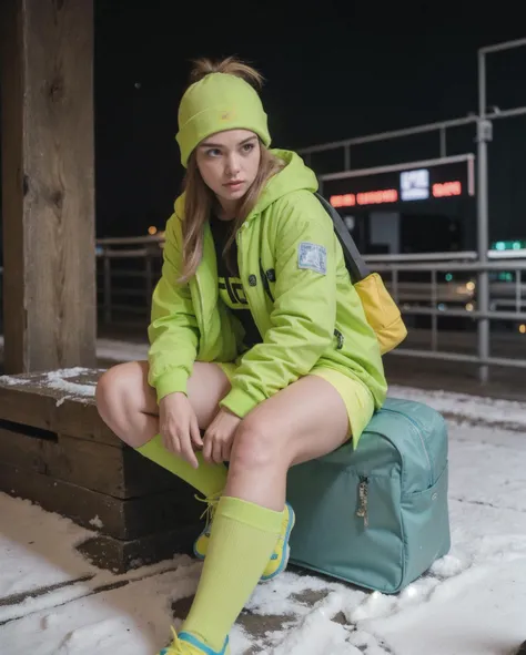 neon light, cyberpunk, green puggy jacket, yellow snow cap, shorts, headphone, goggles, knee high socks, backpack, blue light