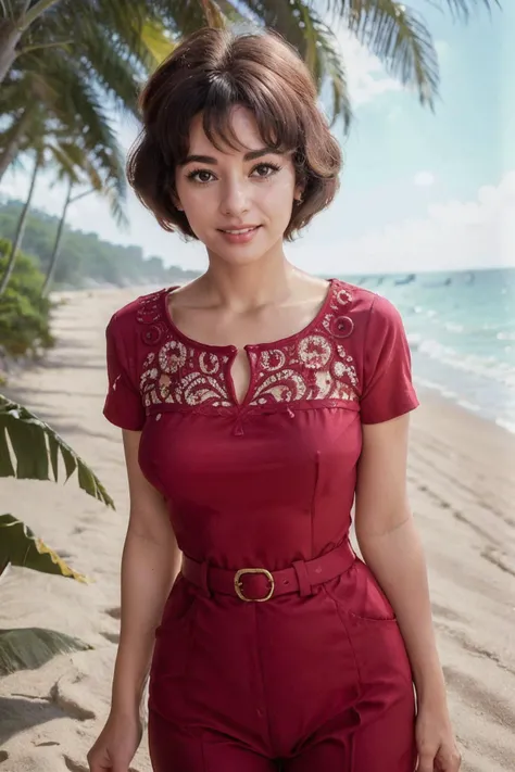 photorealistic photo of Ritmore, a middle aged woman, fine lines and wrinkles, wearing a red blouse, 60s style, 1960s, glamour, standing at the beach on a sunny day, smiling, looking at the camera, realistic, (masterpiece:1.1), (best quality:1.1), beautiful, (intricate details), unity 8k wallpaper, ultra detailed, aesthetic, perfect lighting, <lora:Ritmore_V1-000008:0.8>