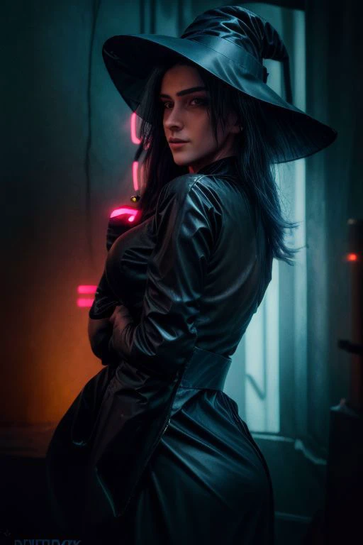 professional detailed photo of (beautiful cyberpunk witch:1.3) wearing (cyberpunk latex black witch gown with neon lights, pointy witch hat:1.4) and (cyberpunk earpiece, neon cyberpunk belt, glowing neon cyberpunk bracelet:1.3), (shiny glossy translucent clothing, gleaming oily fabric:1.1), (perfect face, beautiful face, symmetric face), (long pastel hair), (holding magic wand:1.2), (carrying potions on her waist:1.3),
(in a small dimly lit alchemist laboratory with the bright neon city visible through the window, moody:1.2),
ultra wide angle shot, cinematic style, 8k, RAW photo, photo-realistic, masterpiece, best quality, absurdres, incredibly absurdres, huge filesize, extremely detailed, High quality texture, Cinematic Lighting, physically-based rendering, Ray tracing, photorealistic, octane render, best quality, looking at viewer, looking down, sharp focus, (8k), (4k), (Masterpiece), (Best Quality), (realistic skin texture), extremely detailed, intricate, hyper detailed, illustration, soft lighting, high resolution, sharp detail,