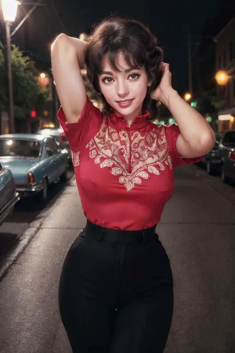 photorealistic photo of Ritmore, a woman, fine lines and wrinkles, wearing a red blouse and black pants, 60s style, 1960s, glamour, dancing on a dark street, smiling, looking at the camera, realistic, (masterpiece:1.1), (best quality:1.1), beautiful, (intricate details), unity 8k wallpaper, ultra detailed, aesthetic, perfect lighting, <lora:Ritmore_V1-000008:0.8>