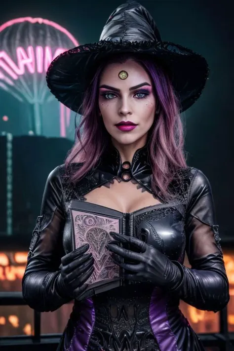 professional photo of (Lovecraftian witch clad in intricate dark witch dress with latex gloves and pointy witch hat:1.3), (perfect face, beautiful face, symmetric face:1.3), (neon purple cyberpunk city, neon pink cyberpunk city background, intricate detailed background:1.3), (lipstick, eyeshadow, mascara, intricate makeup:1.2), (holding intricate arcane book), (shiny glossy translucent clothing, gleaming oily latex fabric:1.1),
(ultra wide angle shot, cinematic style, RAW photo, photo-realistic, absurdres, incredibly absurdres, huge filesize, High quality texture, Cinematic Lighting, physically-based rendering, Ray tracing, photorealistic, octane render, sharp focus, (8k), (4k), (Masterpiece), (Best Quality), (realistic skin texture), extremely detailed, intricate, hyper detailed, high resolution, sharp detail)