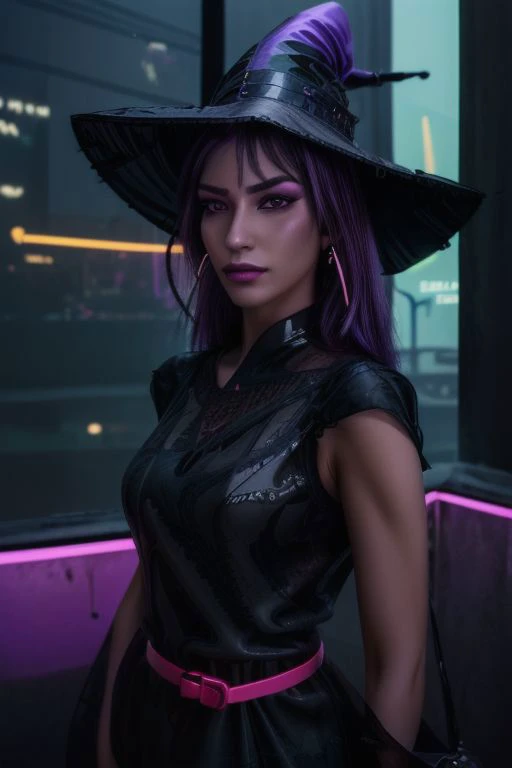 professional detailed photo of (beautiful Asian witch:1.3) wearing (glossy intricate black witch gown, pointy witch hat, satchel:1.4) and (neon purple earrings, neon purple belt, glowing neon cyberpunk bracelet:1.4), (shiny glossy translucent clothing, gleaming oily fabric:1.1), (perfect face, pretty face, symmetric face), (long pastel hair), (holding tablet, tattoos:1), (dark lipstick, dark eyeshadow, mascara, makeup:1.3),  
(in a small dimly lit alchemist laboratory with the bright neon city visible through the window, moody:1.2),
ultra wide angle shot, cinematic style, 8k, RAW photo, photo-realistic, masterpiece, best quality, absurdres, incredibly absurdres, huge filesize, extremely detailed, High quality texture, Cinematic Lighting, physically-based rendering, Ray tracing, photorealistic, octane render, best quality, looking at viewer, looking down, sharp focus, (8k), (4k), (Masterpiece), (Best Quality), (realistic skin texture), extremely detailed, intricate, hyper detailed, illustration, soft lighting, high resolution, sharp detail,