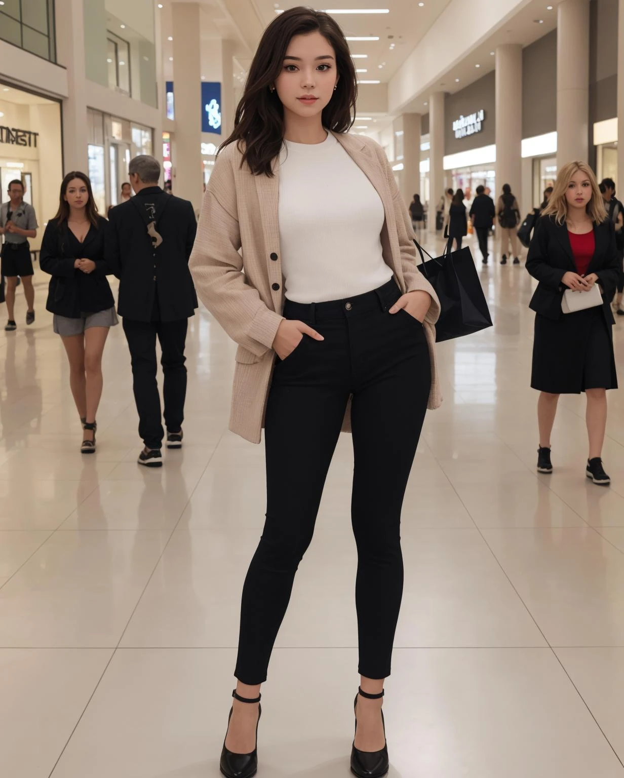 full body portrait, mall, stylish model outfit