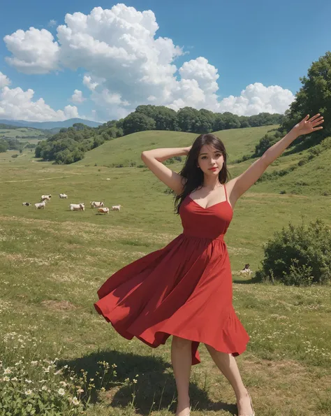 busty woman in cute summer red dress, dance in tall green grass, green grassland, blue sky, spring season, creek, cows, cloud on sky