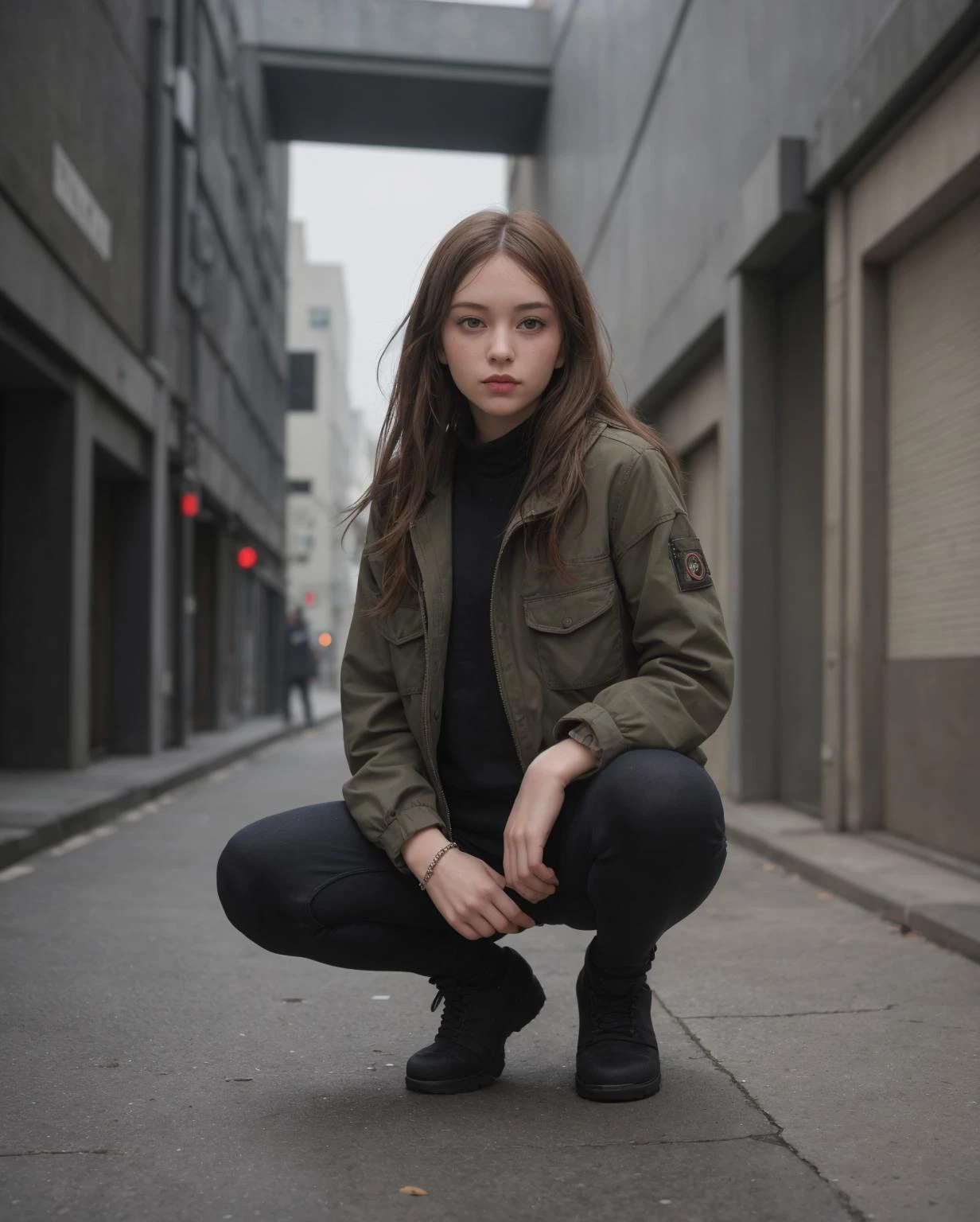 full body portrait, urban, stylish squat
