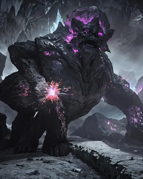 excellent proportion, ((masterpiece)), crystal cave, colorful luminescent crystal, red green purple crystal, golem in giant cavern, crystal golem, crystal full body, crystal humanoid golem, struggle to stand, crystal golem arm, crystal turtle head golem:1.6, crystal rising from ground, lava, volcano, magma, crystal roaring face, wall breaking apart, roaring scene, crystal smoking mouth, explosion, ((black smoke)), crystal monster, monstrous, fire and thick smoke covering crystal giant golem, crystal body, crystal spikes