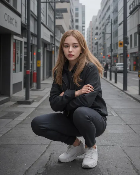 full body portrait, urban, stylish squat