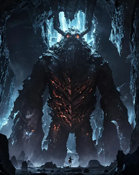 excellent proportion, ((masterpiece)), crystal cave, colorful luminescent crystal, red green purple crystal, golem in giant cavern, crystal golem, crystal full body, crystal humanoid golem, struggle to stand, crystal golem arm, crystal turtle head golem:1.6, crystal rising from ground, lava, volcano, magma, crystal roaring face, wall breaking apart, roaring scene, crystal smoking mouth, explosion, ((black smoke)), crystal monster, monstrous, fire and thick smoke covering crystal giant golem, crystal body, crystal spikes