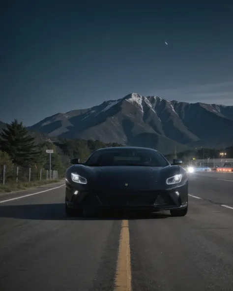 dark theme, dark photo, night photo, ferrari, night sky, night, evening, ground vehicle, motor vehicle, mountain, mountainous horizon, no humans, ocean, outdoors, road, scenery, sky, midnight, vehicle focus,